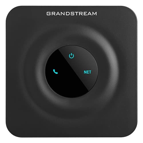 Black Grandstream Networks HT801-V2 Gateway/controller featuring a circular design, a central button with phone and power icons, and LED indicators for network status.