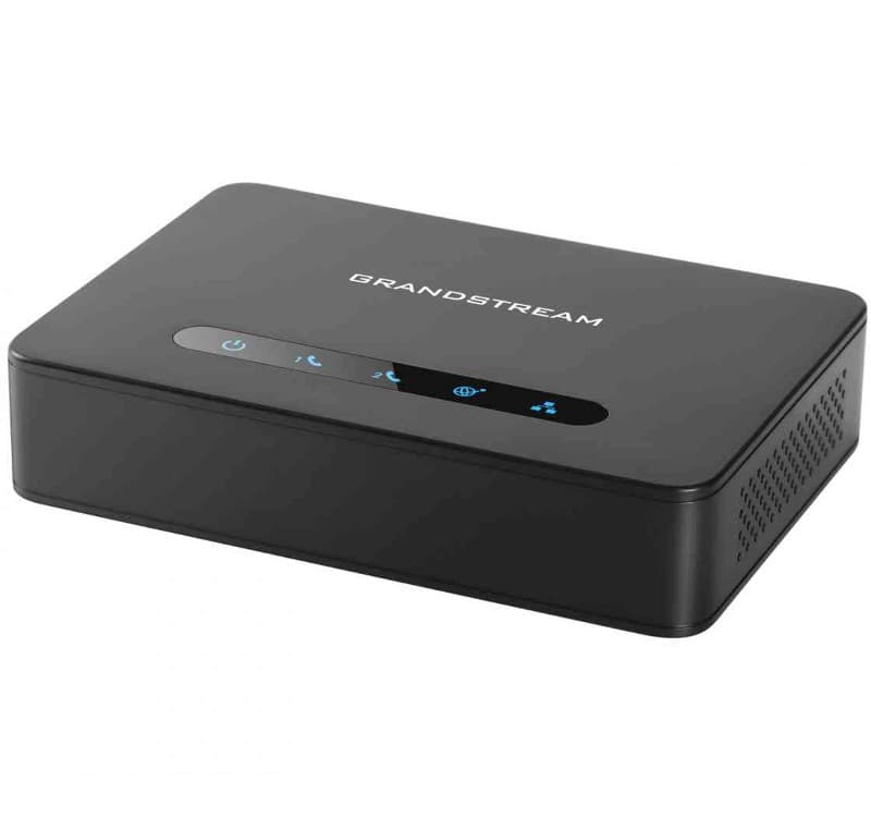 Black Grandstream 2-FXS Port ATA Gateway with two FXS ports, two SIP profiles, a sleek design, and illuminated buttons on the front for easy operation.