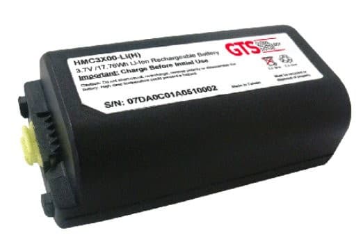 Black rechargeable lithium-ion battery with yellow connector, labeled HMC3X00-LI(H), featuring safety symbols and a serial number on one side.