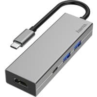 Anthracite grey Hama laptop dock with USB-C connector, two USB 3.2 ports, HDMI port, compact rectangular design.
