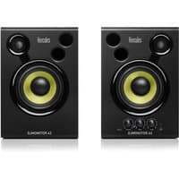 Black Hercules DJMonitor 42 speakers with yellow cones, three-way design, and control knobs on the right speaker.