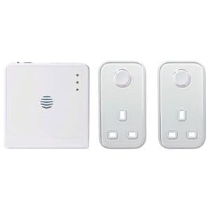 Hive Plug Starter Kit featuring two white smart plugs and a central hub, all with a sleek design and minimalistic buttons, ideal for home automation.