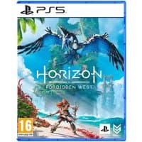 PlayStation 5 game "Horizon Forbidden West" cover with protagonist and robotic bird on a tropical island background.