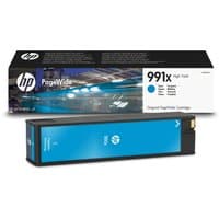 HP 991X cyan PageWide cartridge, rectangular with blue label, black casing, and HP logo on packaging.