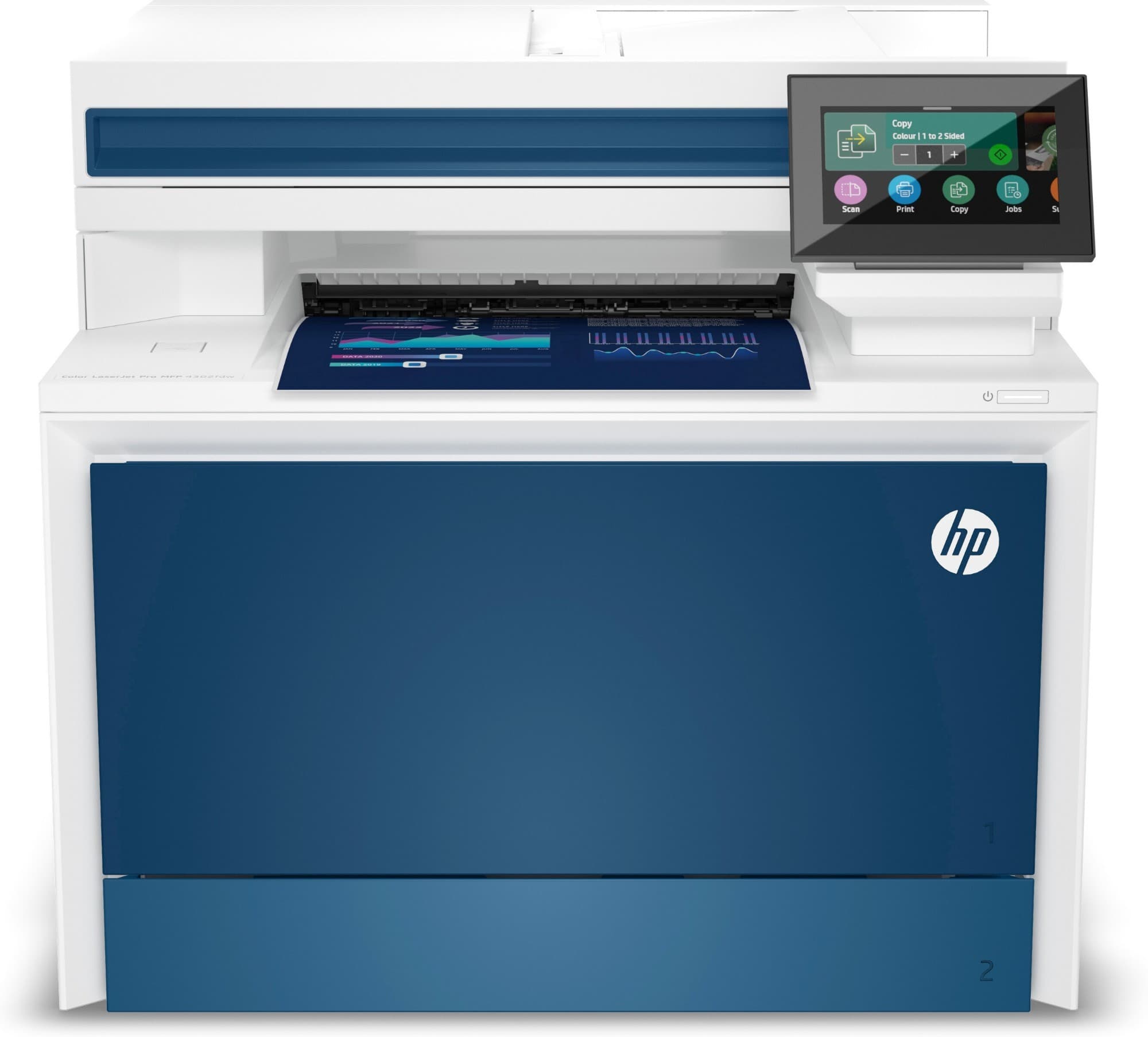 HP Color LaserJet Pro 4302fdw in white and blue, featuring a touchscreen control panel, paper tray, and multifunction capabilities for printing, scanning, copying, and faxing.