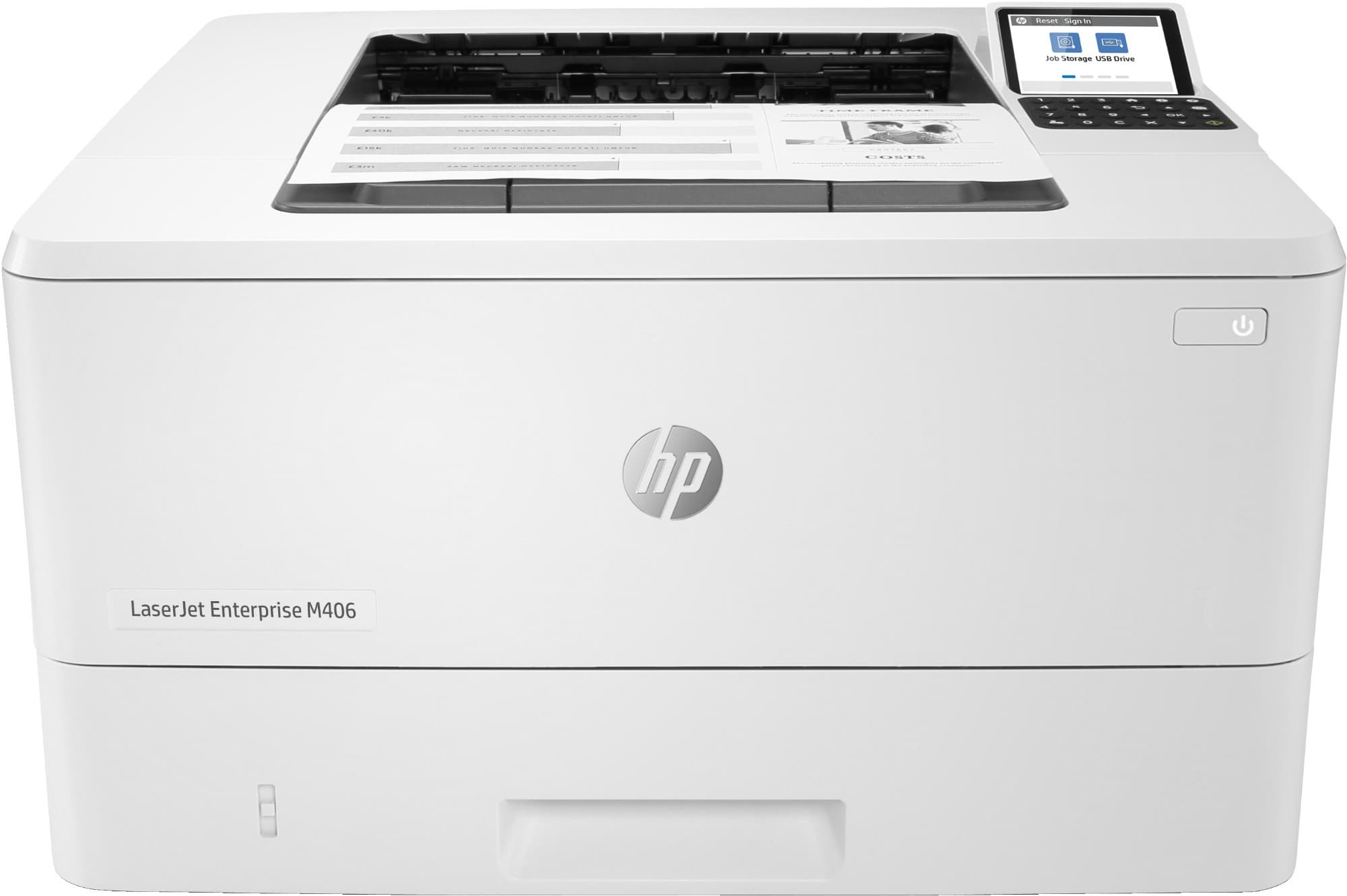 HP LaserJet Enterprise M406dn printer in white with a control panel on the right, featuring a display screen and buttons, designed for black and white printing with Ethernet connectivity.