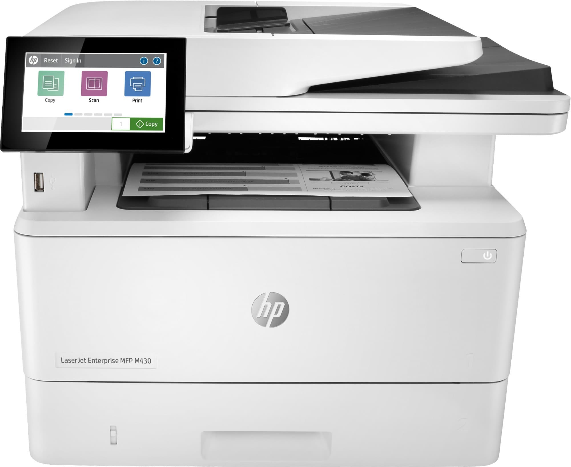 White HP LaserJet Enterprise M430f multifunction printer with a touchscreen display, featuring copy, scan, and print functions, and a sleek design with a paper tray.