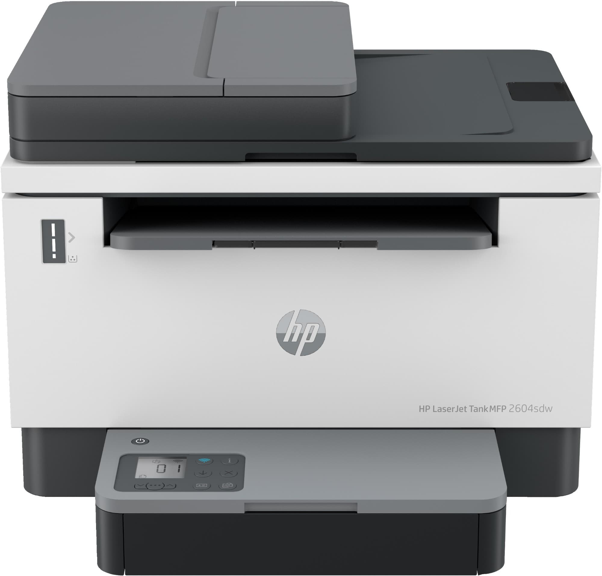 HP LaserJet Tank 2604sdw is a compact wireless multifunction printer in black and white, featuring a sleek white body, control panel, and a top-loading scanner.