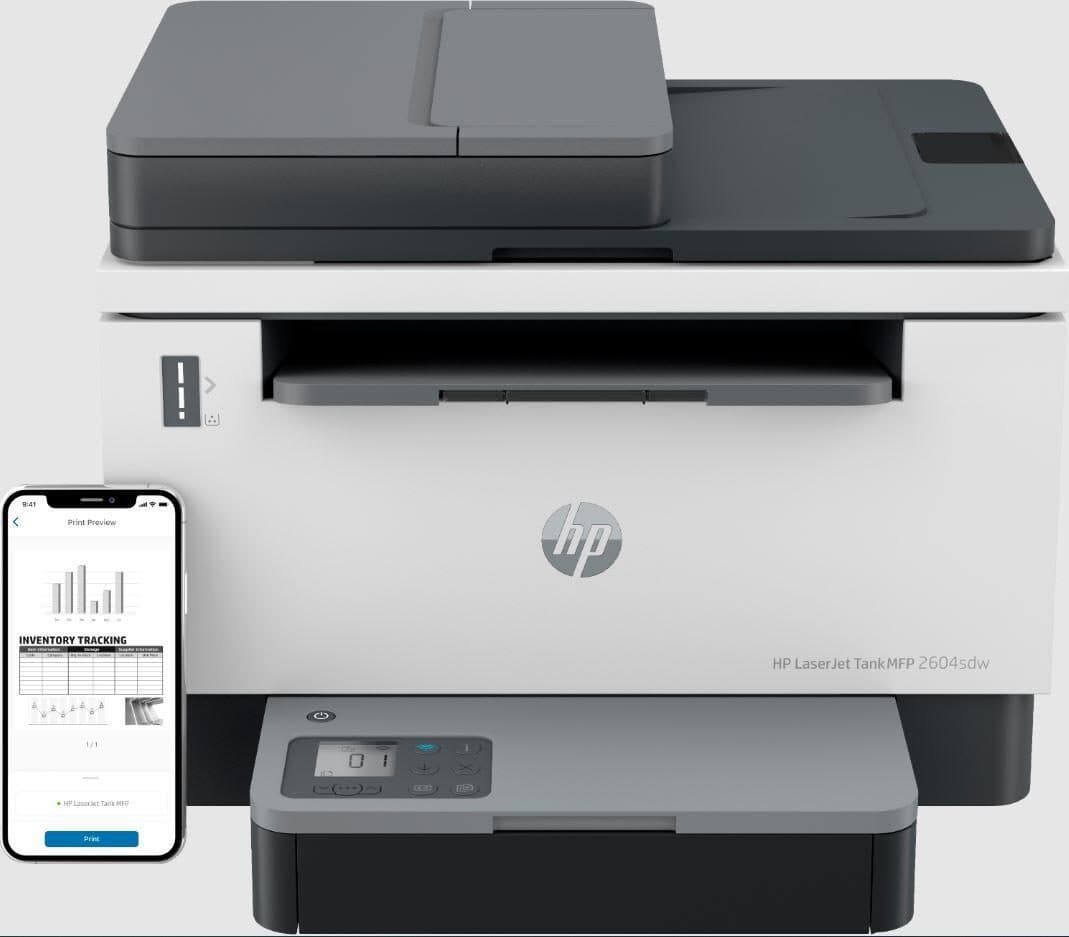 HP LaserJet Tank MFP 2604sdw printer in white and gray, featuring a top-loading paper tray, control panel with buttons, and a smartphone displaying print preview.