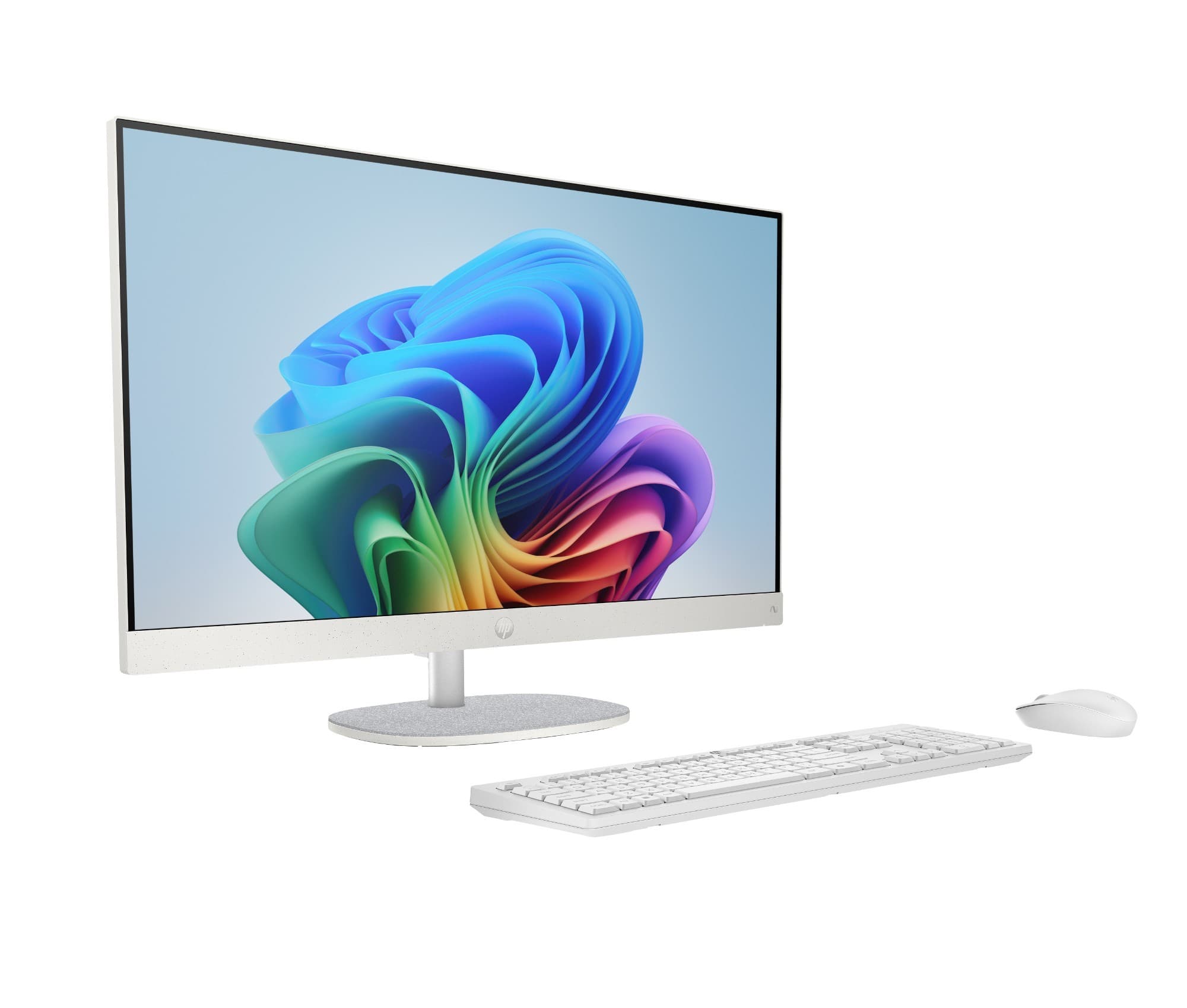 Sleek white HP Next Gen AI 27-ct2001na Copilot+ PC with a 27-inch display, featuring a minimalist design, accompanied by a matching white keyboard and mouse.