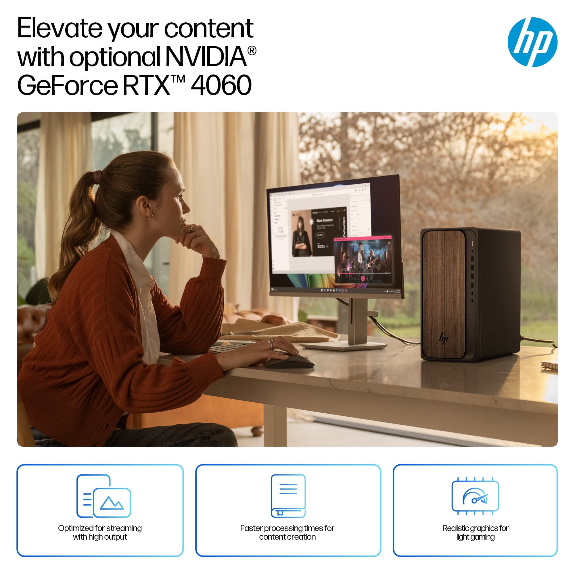 HP OmniDesk AI PC in sleek black and wood finish, featuring an Intel Core Ultra 7 processor, 16 GB DDR5 RAM, and a monitor displaying vibrant content.