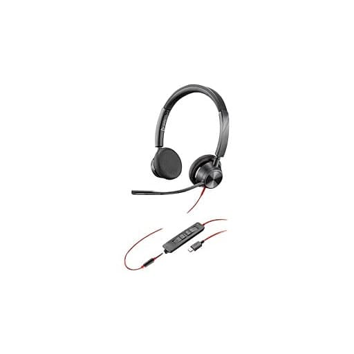 Black HP Poly headset with a flexible microphone, featuring red accents on the cable and an in-line control unit for volume and mute functions.