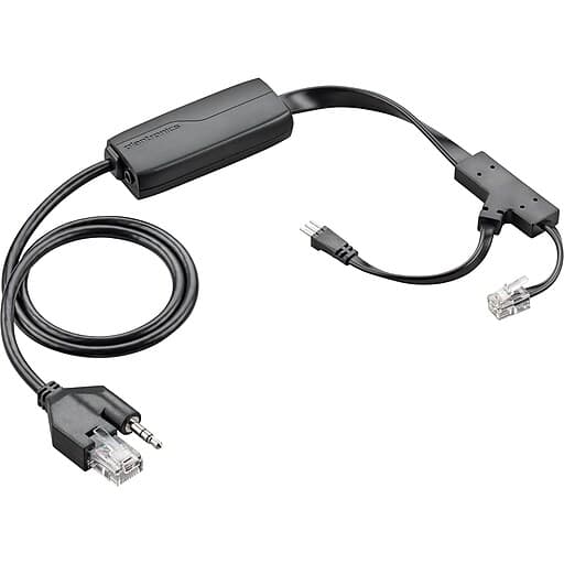 Black EHS cable with a rectangular control box, featuring a 3.5mm audio jack and two RJ-11 connectors, designed for HP Poly headsets.