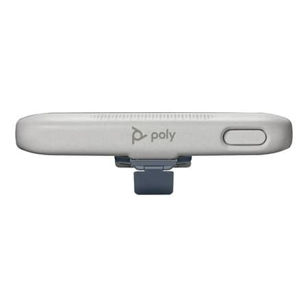 Poly mounting bracket in light gray, featuring a sleek design with a textured surface and a side button, compatible with VESA mounts for video conferencing cameras.