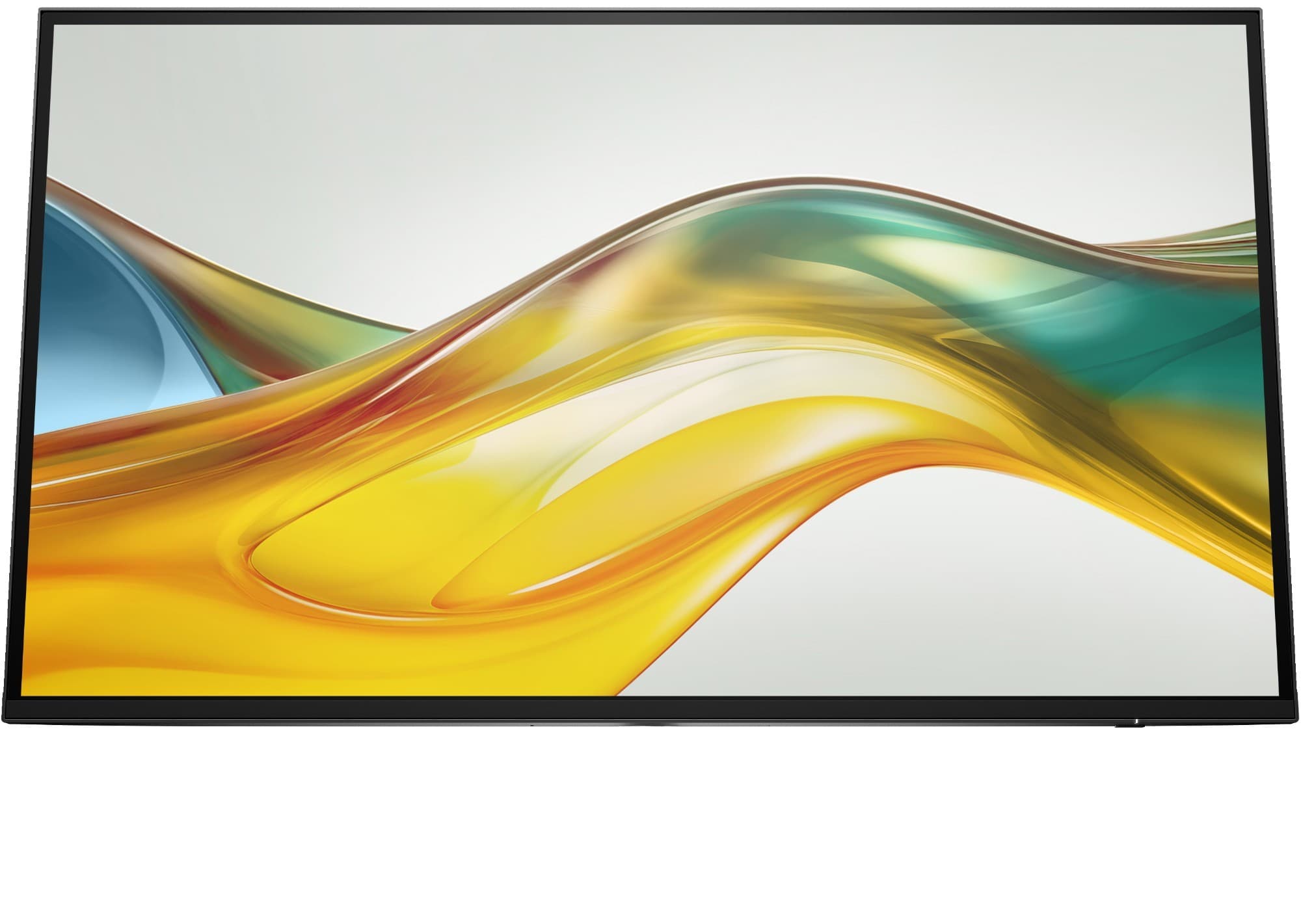 27-inch QHD monitor with a sleek black bezel, featuring vibrant, flowing abstract colors in yellow, blue, and green on the screen, designed without a stand.
