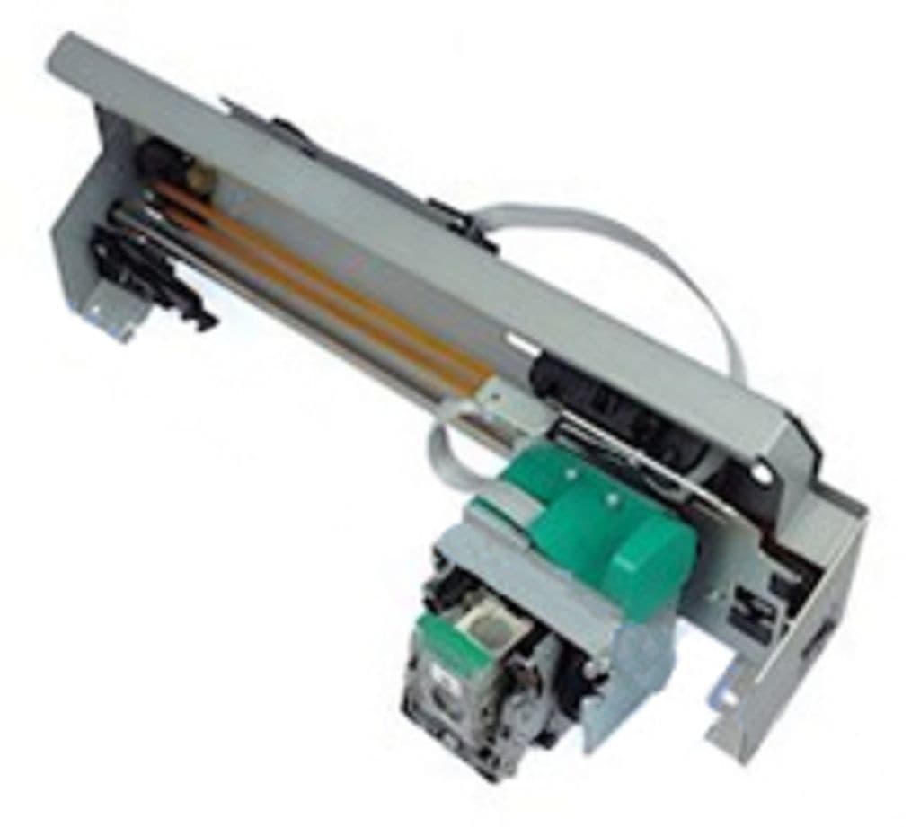 HP Spler Crrige Ssemly features a metallic frame with green and gray components, including a motor and wiring, designed for printer functionality.