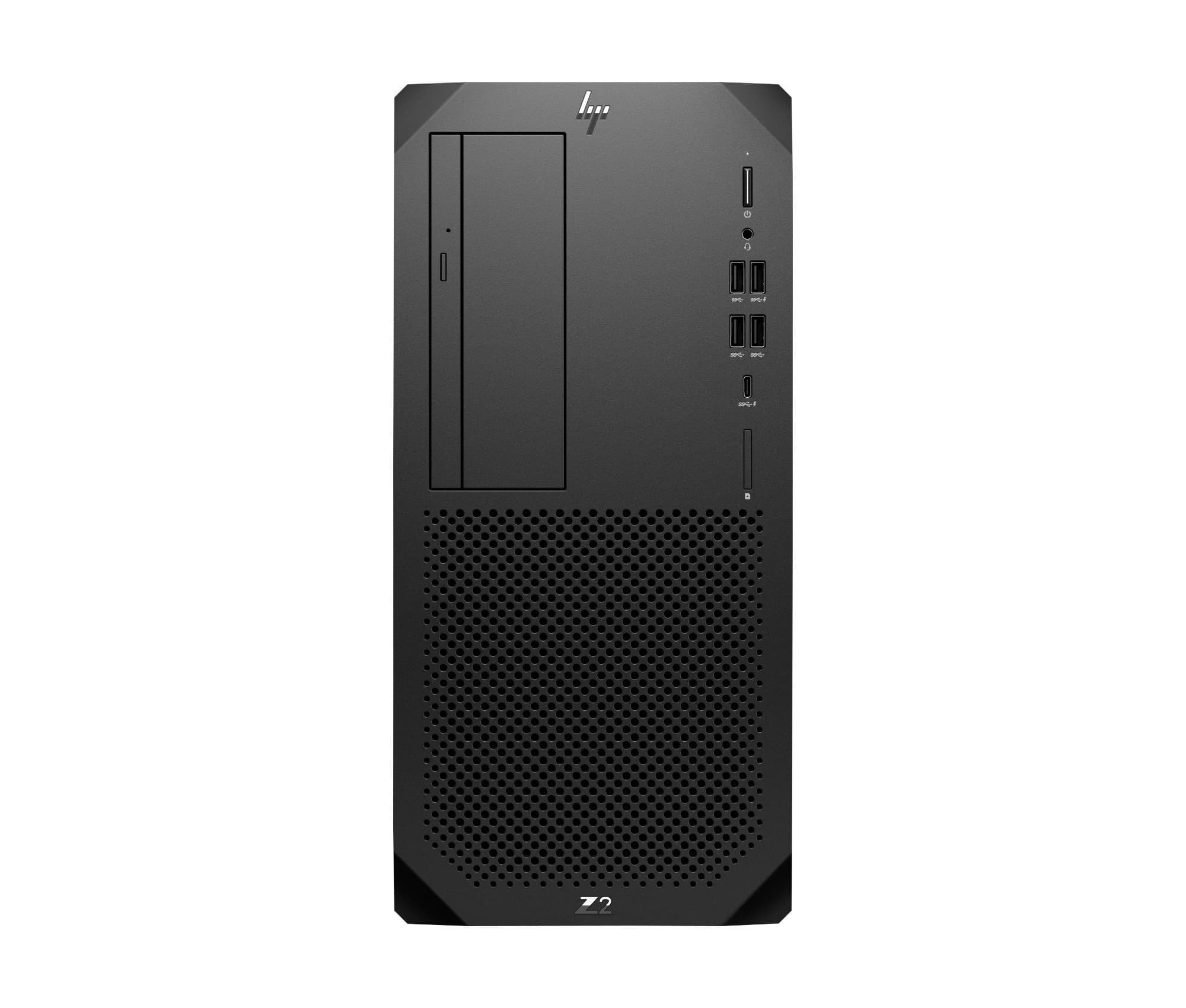 Black HP Z2 G9 workstation featuring a sleek design, front panel with a drive bay, USB ports, and a perforated section for ventilation.