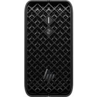 Black HP Z2 Mini PC with diamond-patterned vent, vertical design, and HP logo on front.
