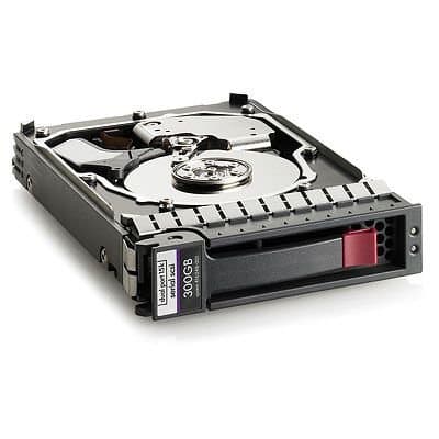 HPE 300GB 3G SAS 15K LFF hard drive in a black metal casing with a red latch, featuring dual ports and a label indicating storage capacity.