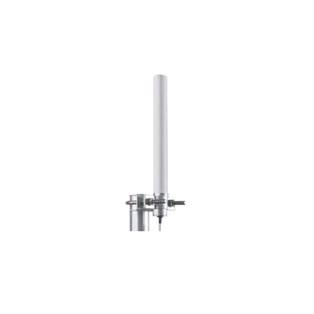Omni-directional network antenna with a sleek white cylindrical design, featuring an RP-SMA connector and a 6 dBi gain, mounted on a metallic bracket.