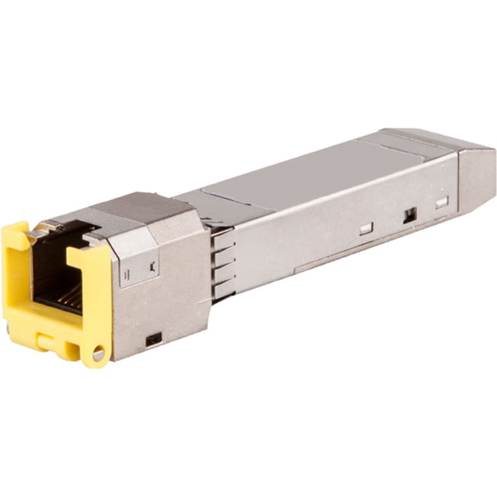 HPE Aruba Networking 1G SFP RJ45 T transceiver module in silver metal with a yellow clip, designed for 100m Cat5e network connections.
