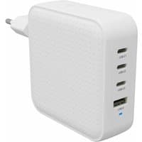 White HYPER HyperJuice 100W USB-C GaN charger with three USB-C ports, one USB-A port, and EU plug adapter.