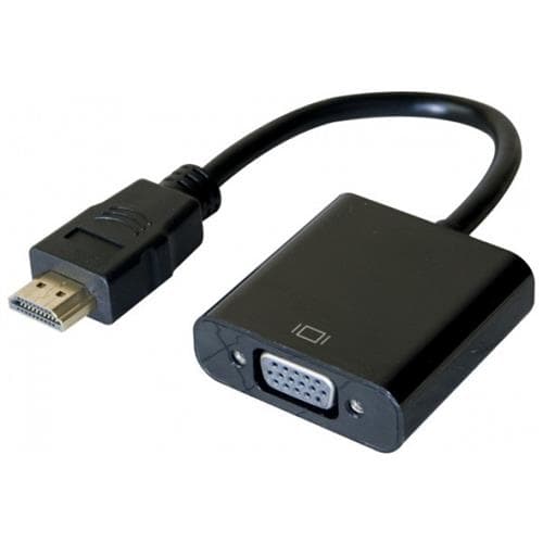 Black HDMI to VGA video cable adapter with a short flexible cable, featuring a standard HDMI Type A connector on one end and a VGA port on the other.