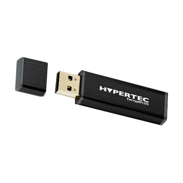 Black metal USB drive with a removable cap, featuring "HYPERTEC EnCryptPLUS" branding and a gold USB connector, labeled as 128GB and FIPS 197 Edition.
