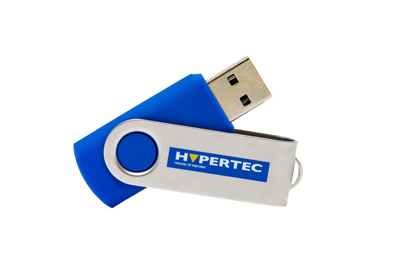 Blue and silver Hypertec 128GB USB 3.0 swivel drive featuring a metallic swivel cover and a circular button for easy access.