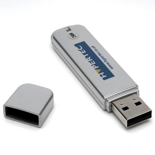 Silver USB flash drive with a removable cap, featuring "Hypertec 16GB USB2.0 EnCryptPLUS HyperDrive AES-256 Edition" printed on the side.