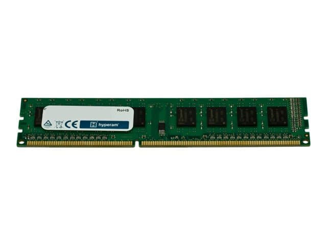 Green printed circuit board with a long rectangular shape, featuring a white label with "Hypertec" branding and multiple black memory chips, designed for DDR3-1333 ECC memory.