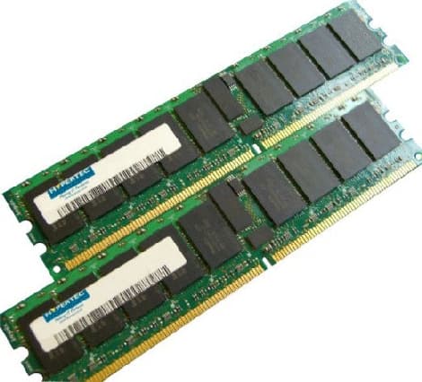 Two green circuit board memory modules with black chips, labeled "Hypertec," featuring 8GB capacity and DDR2 PC2-5300 specifications, designed for legacy systems.