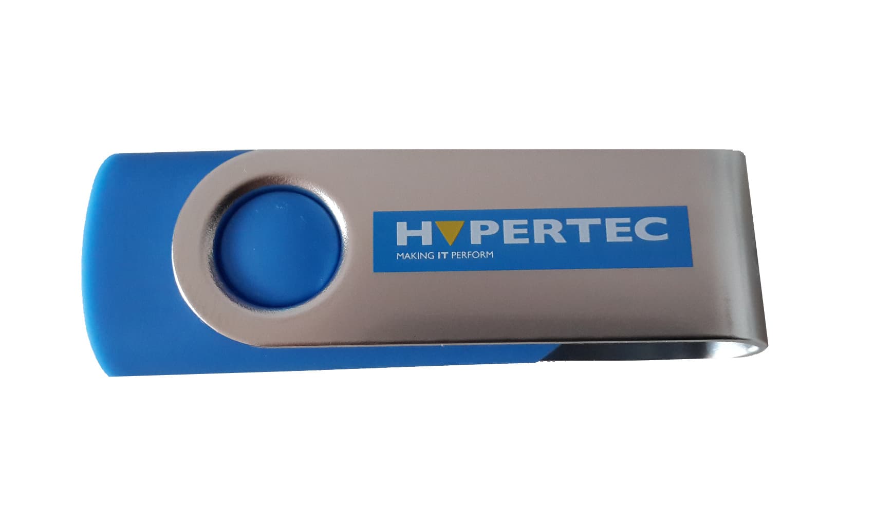 Silver and blue Hypertec 8GB USB 3.0 swivel drive featuring a circular thumb grip and the brand logo prominently displayed on the surface.