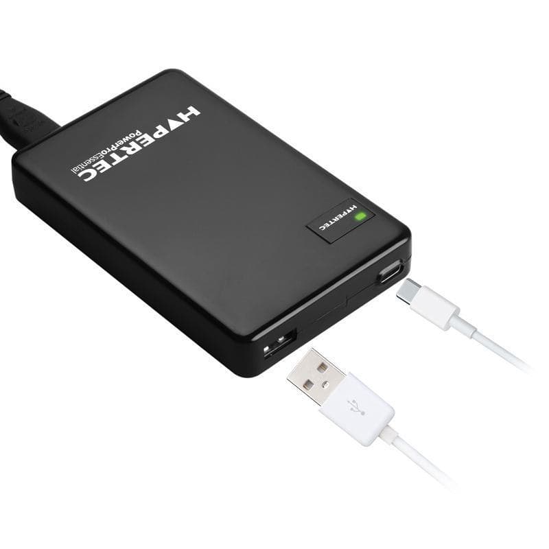 Black Hypertec USB Type-C power supply with a sleek design, featuring a green LED indicator, USB Type-C and standard USB ports, suitable for HP Elite X2 1012 G.