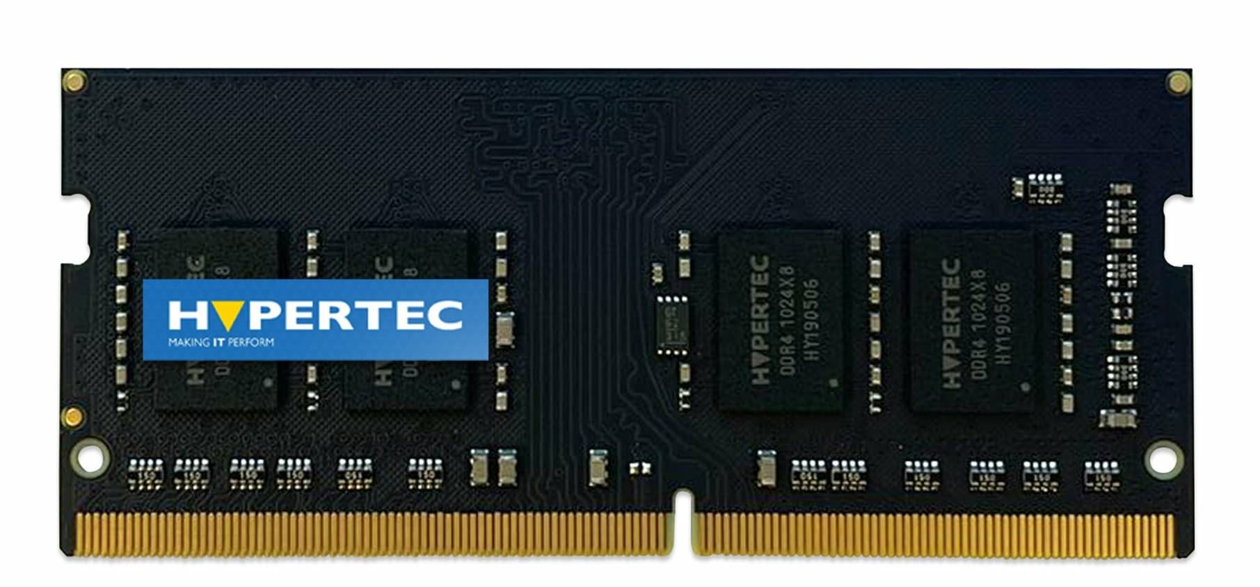 Black circuit board with four memory chips, gold connectors at the bottom, and a prominent blue and white "HYPERTEC" logo on the side, labeled as 8GB DDR4 2666MHz.
