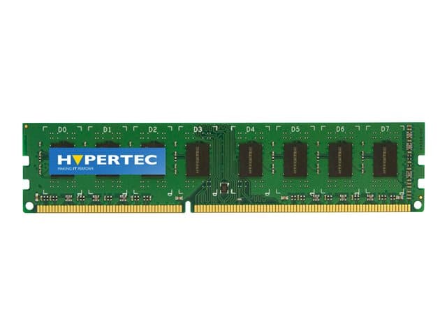 Green printed circuit board with eight memory chips, featuring a blue Hypertec label, designed for DDR3 1600 MHz, 8 GB capacity, with gold connectors at the bottom.