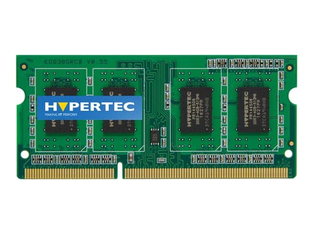 Green circuit board memory module featuring four black chips, labeled "HYPERTEC," with gold connectors, designed for DDR3 1600 MHz, 8 GB capacity.