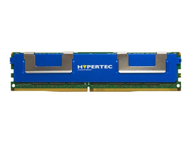 Blue memory module with silver heat spreaders, labeled "HYPERTEC," featuring 2 GB DDR3 1066 MHz ECC specifications and a green PCB base.