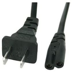 Black power cable with a two-prong plug on one end and a rounded connector on the other, designed for IBM devices, featuring a durable plastic material.