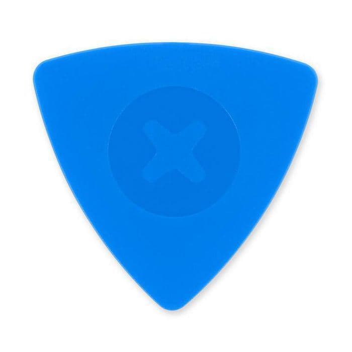 Blue triangular plastic tool with a circular center and a cross symbol, designed for electronic device repair, part of the iFixit EU145123-2 kit.