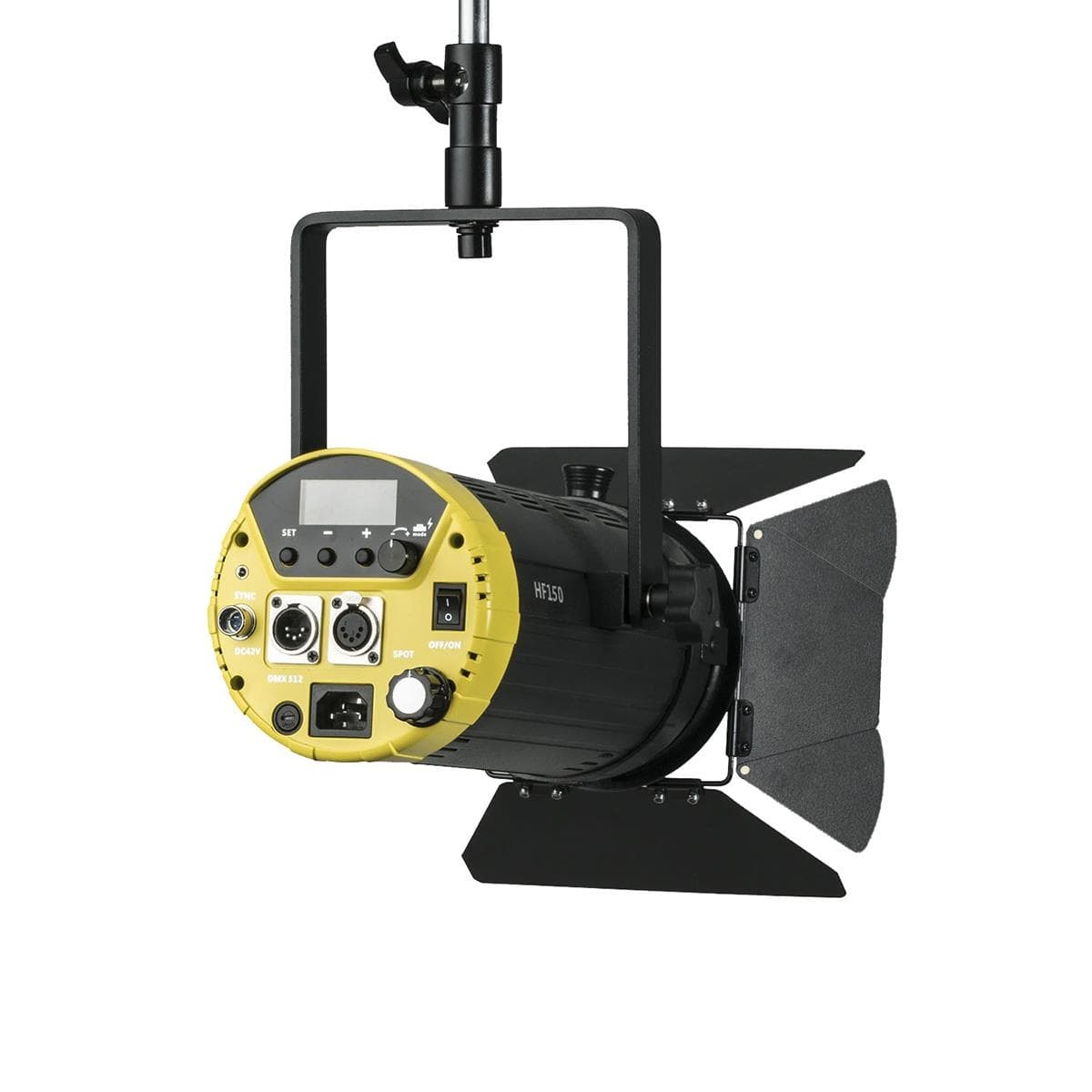 Bi-color LED Fresnel light with a black body and yellow accents, featuring a digital display, multiple input/output ports, and adjustable barn doors for light control.