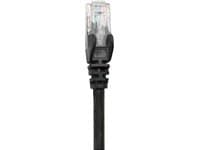 Black 10m Cat5e network patch cable featuring CCA material, U/UTP design, snagless booted connector, and gold-plated RJ45 contacts, packaged in a polybag.