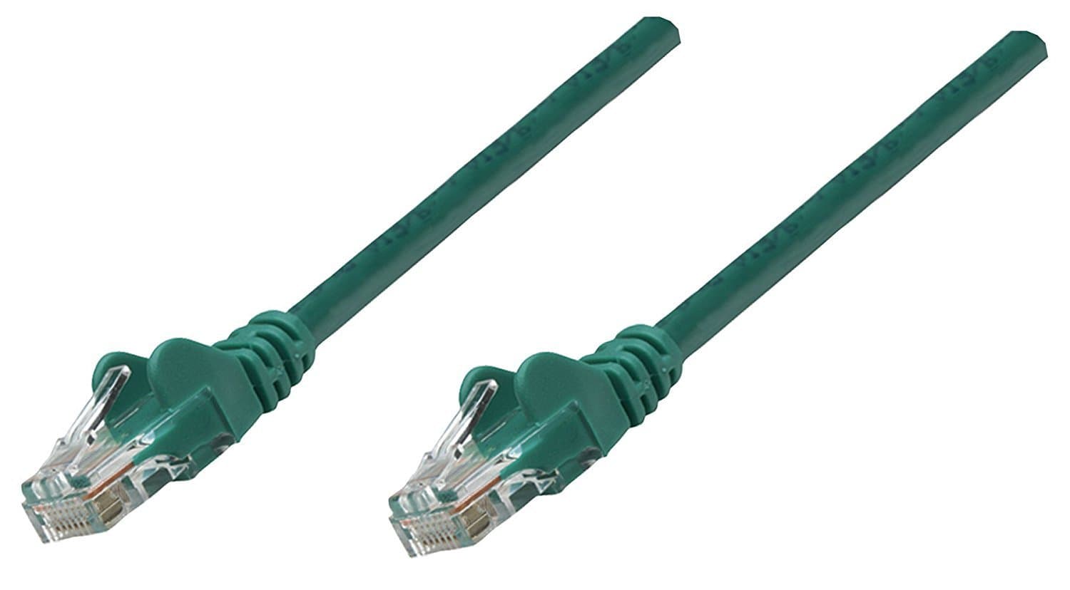 Red 1m Intellinet Cat5e network patch cable with CCA material, U/UTP design, PVC insulation, snagless booted connectors, and gold-plated RJ45 contacts.