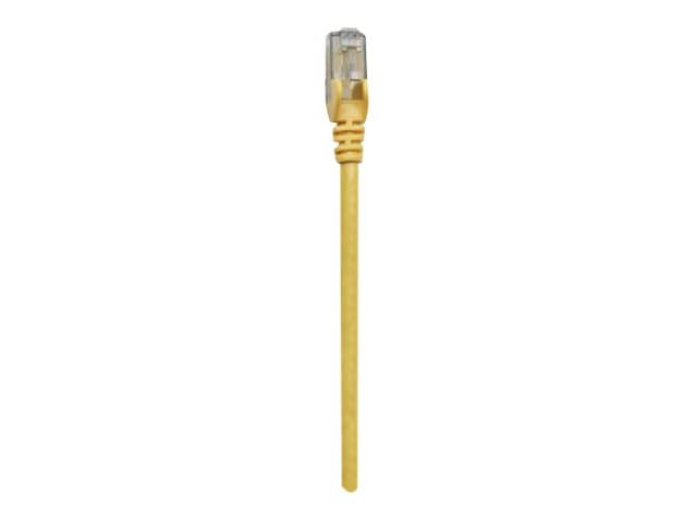 Yellow 1.5m Cat6 network patch cable by Intellinet, featuring CCA material, U/UTP design, and PVC insulation, with a clear connector at one end.
