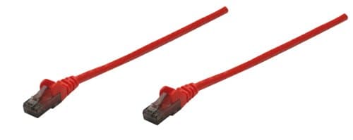 Red 10m Intellinet Cat6 network patch cable with CCA material, U/UTP design, PVC insulation, and RJ45 connectors on both ends.