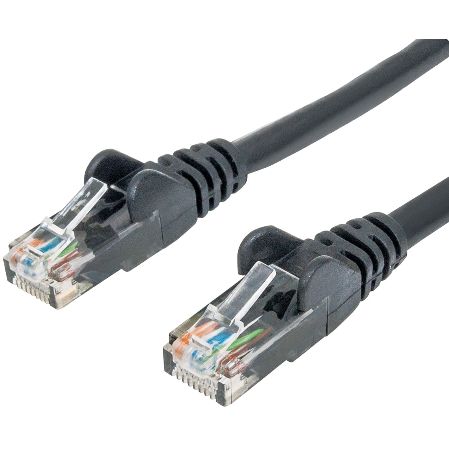 Black Intellinet Cat6 network patch cable, 1m long, featuring CCA material, U/UTP design, PVC insulation, snagless booted RJ45 connectors with gold-plated contacts, packaged in a polybag.