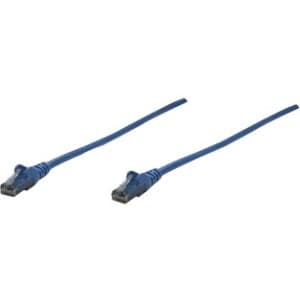 Blue Intellinet Cat6 network patch cable, 2m length, featuring CCA material, U/UTP design, PVC insulation, RJ45 connectors with gold-plated contacts, snagless booted design, polybag packaging.