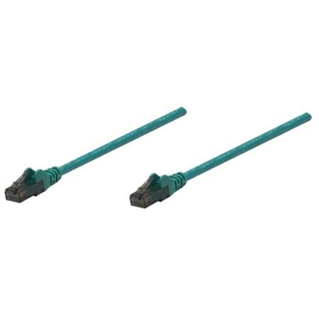 Green Intellinet Cat6 network patch cable, 2 meters long, featuring CCA material, U/UTP configuration, PVC insulation, and RJ45 connectors on both ends.