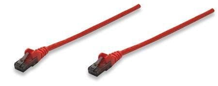 Red 2m Intellinet Cat6 network patch cable featuring CCA material, U/UTP design, PVC insulation, and RJ45 connectors on both ends.