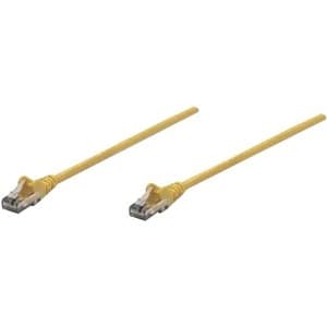Yellow Intellinet Cat6 network patch cable, 2 meters long, made of CCA with U/UTP configuration, featuring PVC insulation and RJ45 connectors on both ends.